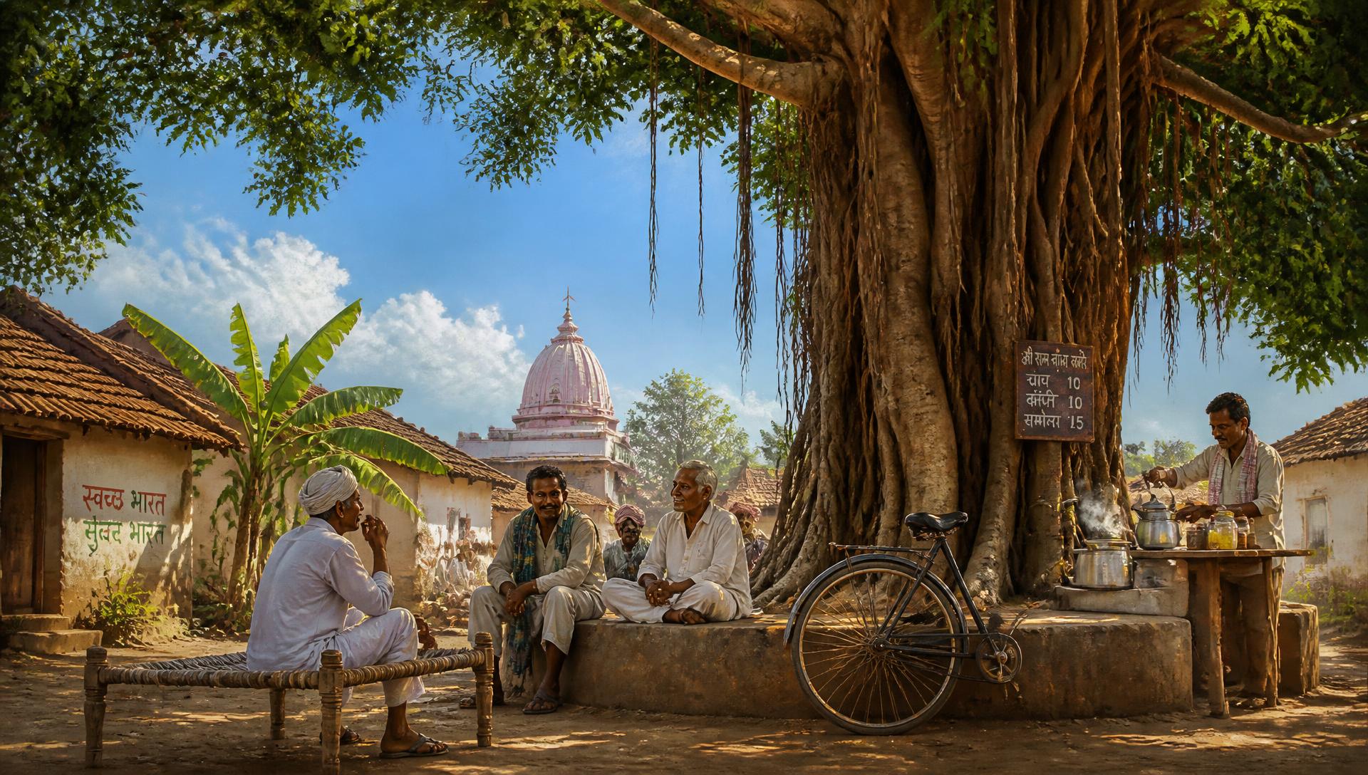 Illustration of villagers sitting and talking under a large banyan tree in an old Indian village, with a chai stall and bicycle